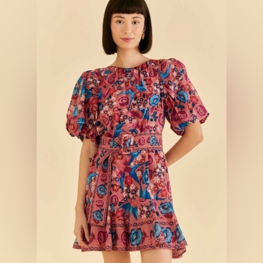 Farm Rio Floral Belted Birds Puff-Sleeve Mini Dress In Blush Sz xxs $210